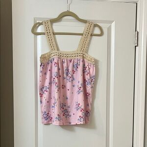 Elegant Pink Floral Tank Top with Crochet Straps